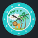 Lejon i Jungle med Handflatan Träd Personlig Stor Klocka<br><div class="desc">Den här personligen har en söt barndesign med ett lejont,  två handflatan träd,  vitt moln,  viner och löv på tealbakgrund. Med anpassade kan du lägga till en namn.</div>