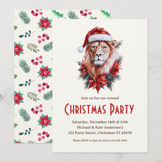 Lejon i Santa Hat Safari Animal jul Party Inbjudningar (Fram/baksida)