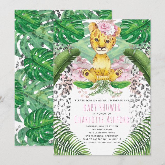 Lejon Illustration Girl Safari Baby Shower Inbjudningar (Fram/baksida)