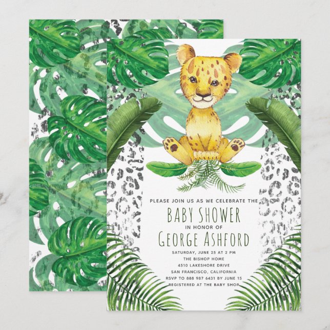 Lejon Illustration Safari Baby Shower Inbjudningar (Fram/baksida)