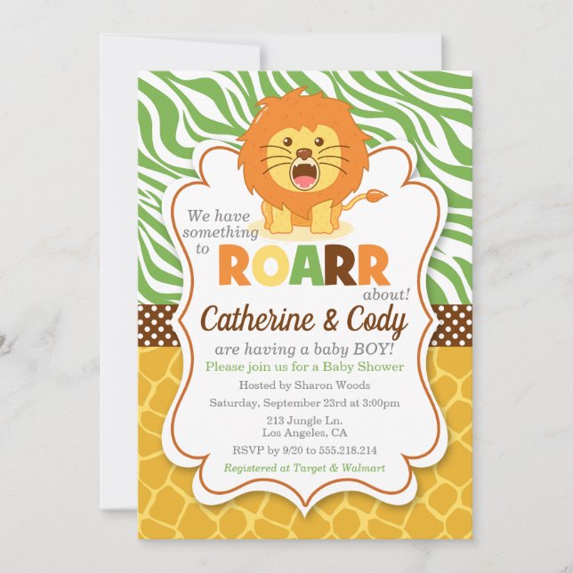 Lejon inbjudan till ROAR Jungle Baby Shower (Framsida)