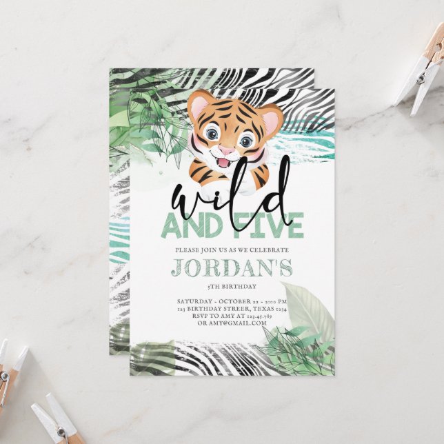 Lejon jungle Cute 5:e födelsedagsinbjudan Inbjudningar (Fram/Back In Situ)