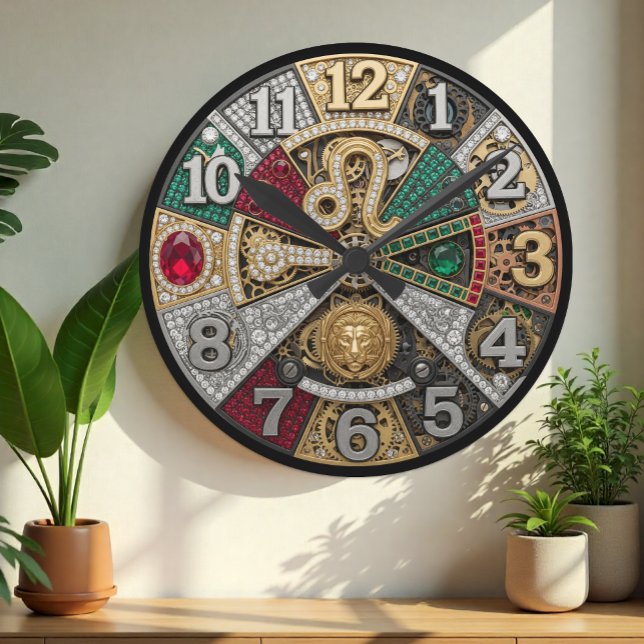 Lejon klocka, zodiaktecken, Steampunk, gems Rund Klocka (Lion Jeweled Wall Clock)