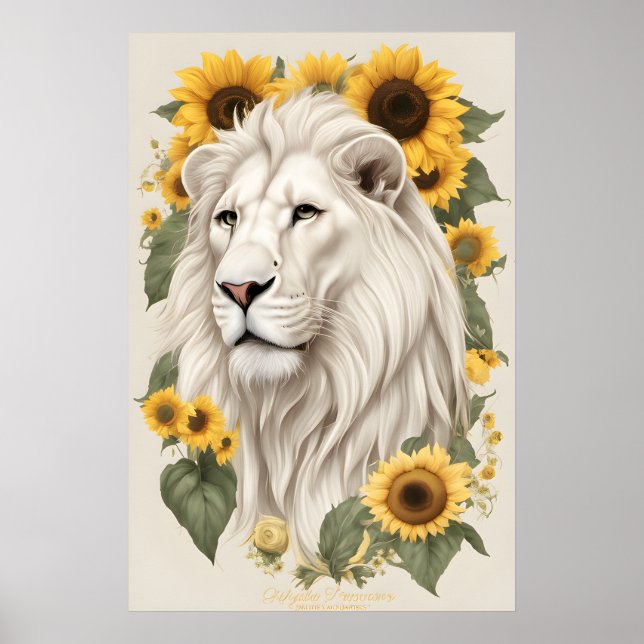 Lejon konst, solblommor och Wildlife Safari White  Poster (Framsidan)