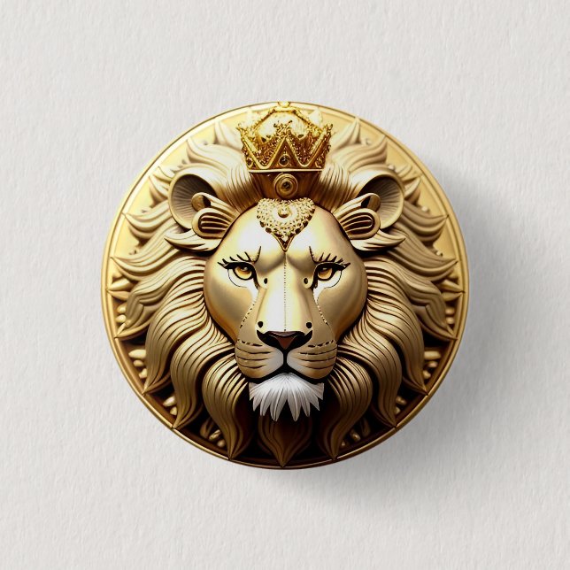 🦁 Lejon Kron Emblem Knapp Guld Leo Present ✨ (Framsida)