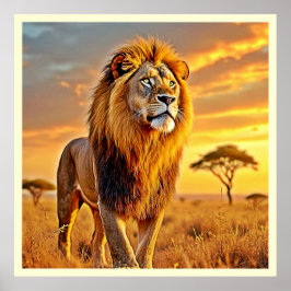 Lejon Kung Savanna Sunset Design Poster