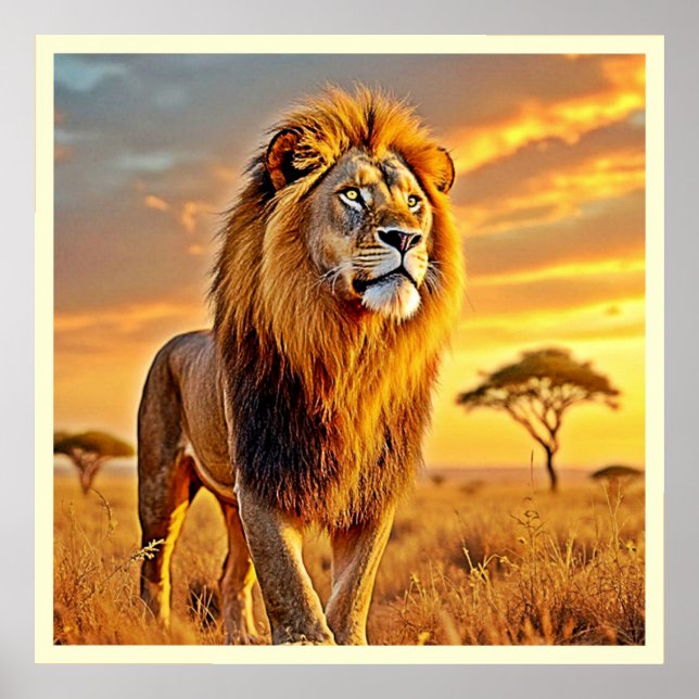 Lejon Kung Savanna Sunset Design Poster (Framsidan)