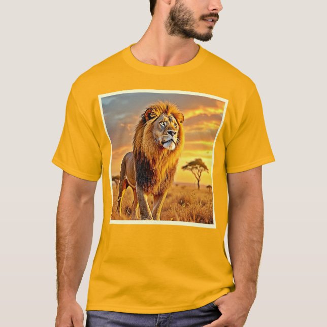 Lejon Kung Savanna Sunset Design T Shirt (Framsida)