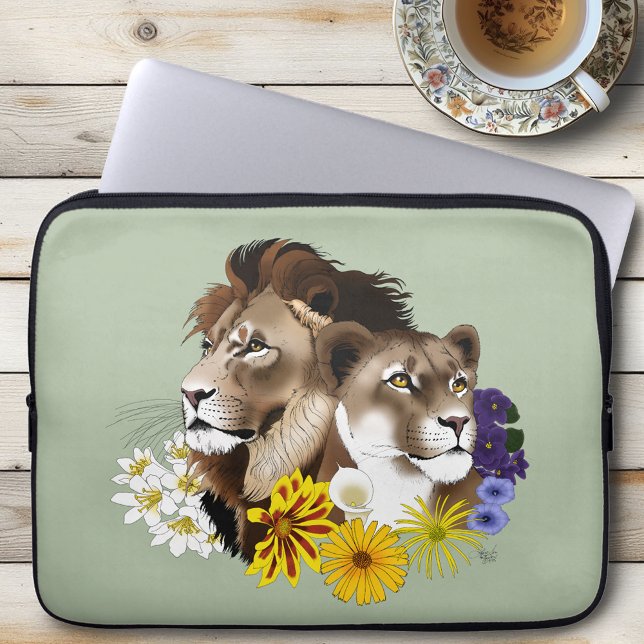 Lejon Lejoninna Blommig Grön  Laptop Fodral (Skapare uppladdad)
