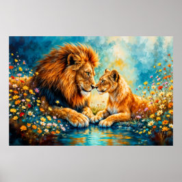 Lejon Lioness fantasi romantik konst Poster