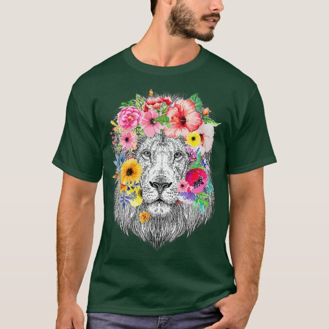 Lejon Mane with Flowers - Blommigt Afrikas Lejona T Shirt (Framsida)