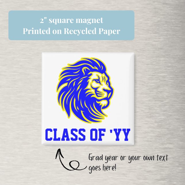Lejon Mascot Blue Gult och White Student Gift Magnet (Celebrate your graduate with a "class of" square magnet. Go Lions!)