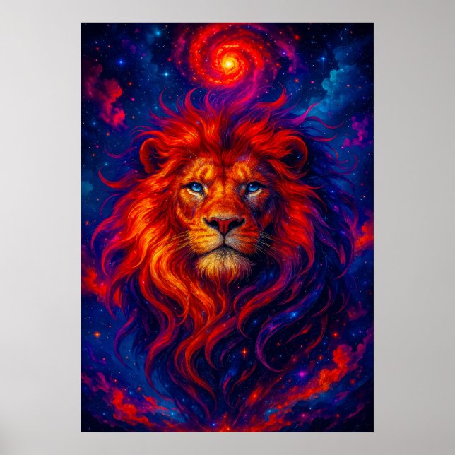 Lejon med Fiery Galaxy Mane Fantasy Poster (Framsidan)