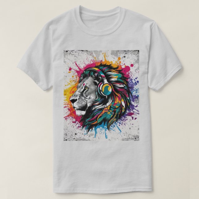 Lejon med hörlurarna Färg Stänk Vibrant T Shirt (Design framsida)