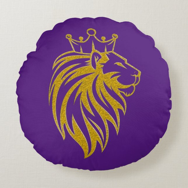 Lejon med Krona - Guld Stil 2 Rund Kudde (Framsidan)