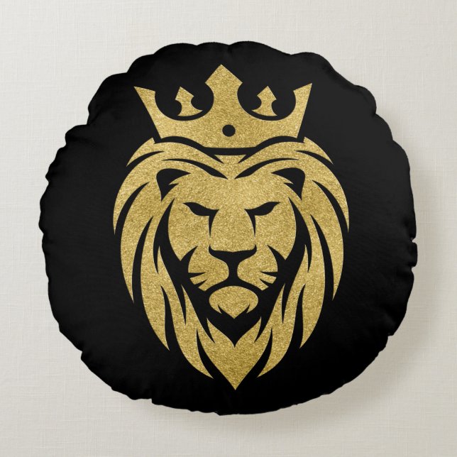 Lejon med Krona - Guld Stil 3 Rund Kudde (Framsidan)
