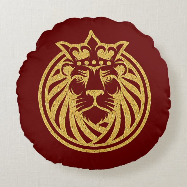 Lejon med Krona - Guld Stil 4 Rund Kudde (Framsidan)