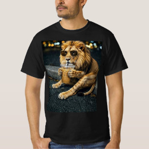 Lejon med solglasögon dricker iskaffe t shirt