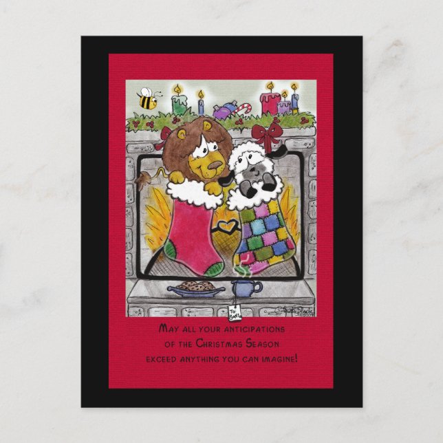 Lejon och lamb vänta på tomten helg vykort (Framsida)