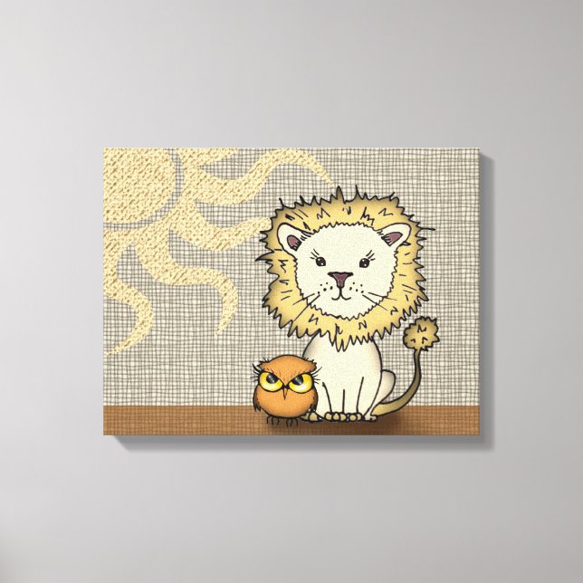 Lejon och uggla Nursery konsttryck inslaget canvas (Framsida)