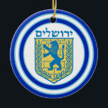 Lejon om Judah Emblem Jerusalem Hebrew<br><div class="desc">Rund keramisk ornament med en bild på båda sidor av en blå och gult Lejon av Judah emblem och bredbildsblå gräns i dubbla som trimmas i ljusblå på vitt. Se hela Hanukkah-uppsättningen för prydnadsföremål under HEMMA-kategorin i avsnittet HELGDAGAR.</div>