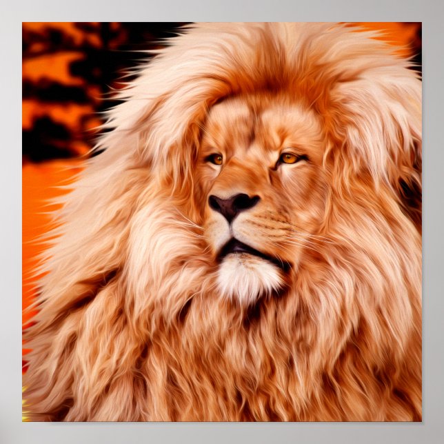 Lejon Orange Afrikanskt Himmel Foto Målning Poster (Framsidan)