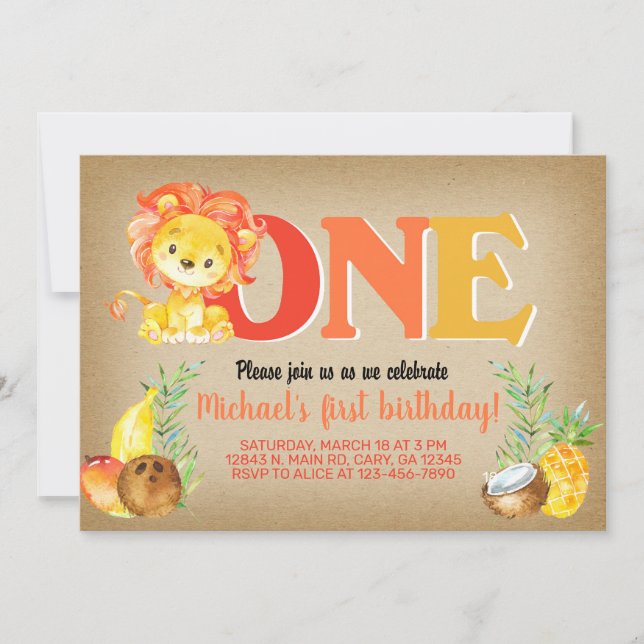 Lejon pojke 1:a födelsedag, lejona inbjudan. inbjudningar (Framsida)