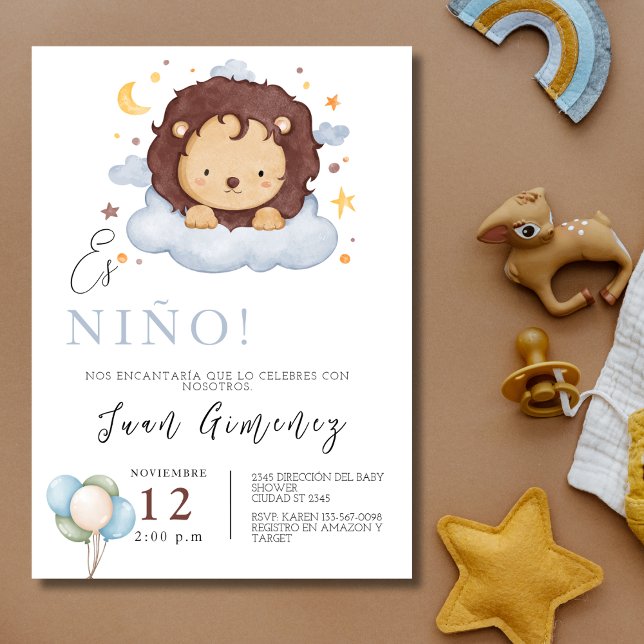 Lejon Qr-kod för Baby-register för spanska barn, b Inbjudningar (Spanish Boy Baby Shower Lion Qr Code Baby Registry Invitation)