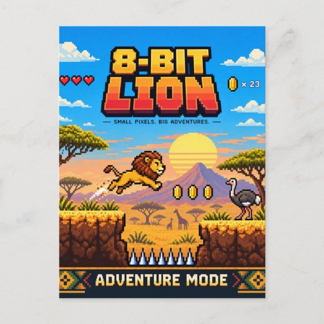 Lejon, Retro 8-Bit Pixel Art Vykort (Framsida)