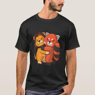 Lejon Röd Panda Kramande Kawaii Djur T Shirt
