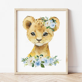 Lejon, Safari, Jungle, Blåa blommor, Boy Nursery Fototryck
