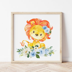 Lejon, Safari, Jungle, Blåa blommor, Boy Nursery Poster