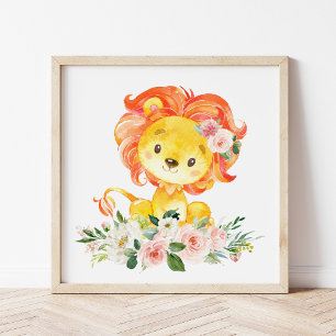 Lejon, Safari, Jungle, Rosa Flowers, Girl Nursery Poster