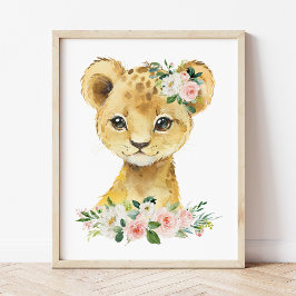 Lejon, Safari, Jungle, Rosa Flowers, Girl Nursery Poster