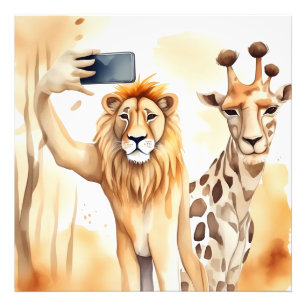 Lejon selfiering med giraffe fototryck