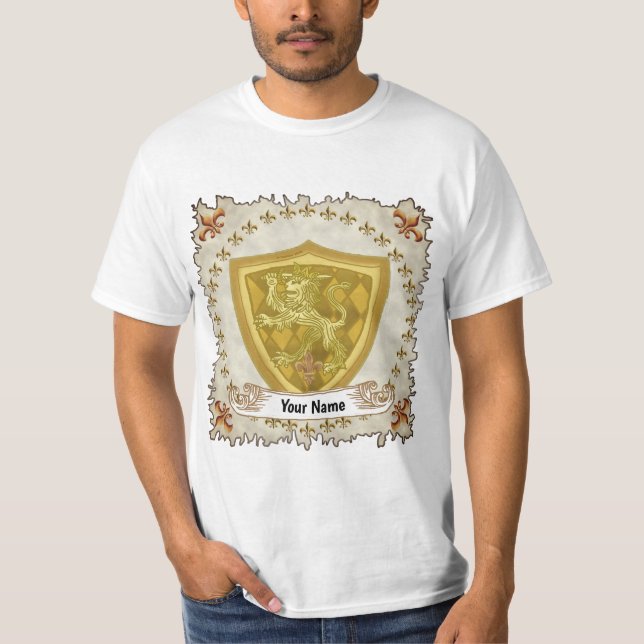 Lejon Shield Family Crest Efternamn T-Shirt (Framsida)
