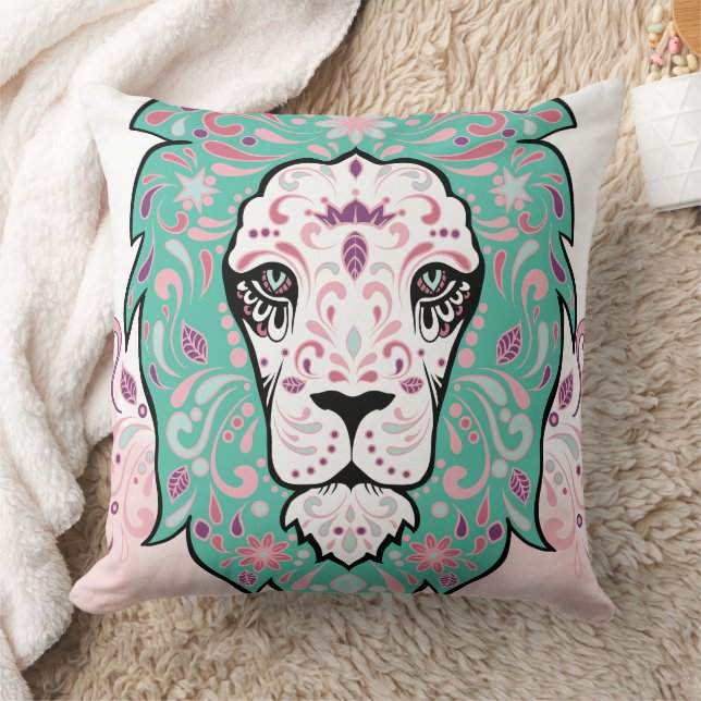 Lejon skull och Rosa Lila Blue Mint Pillow Kudde (Filt)