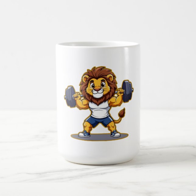 Lejon som lyfter lätta vikter – söta gymdjursillus kaffemugg (Center)