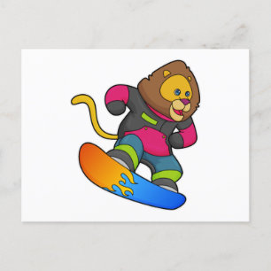 Lejon som snowboardåkare med snowboard vykort