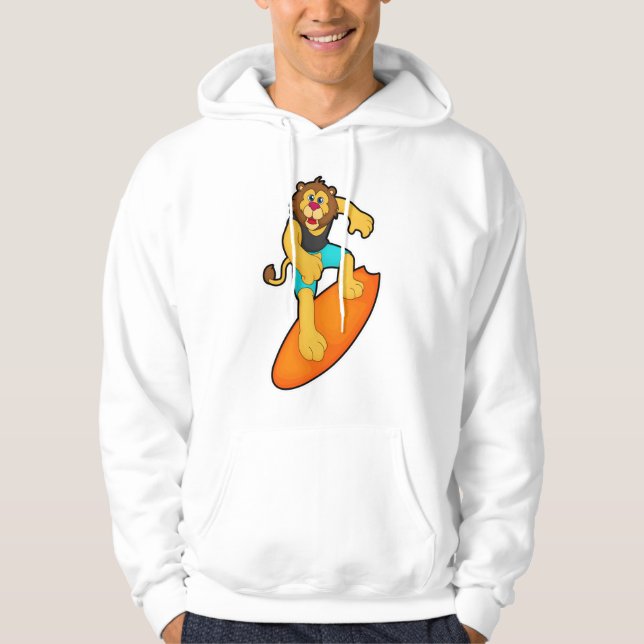 Lejon som Surfer med Surfboard Hoodie (Framsida)