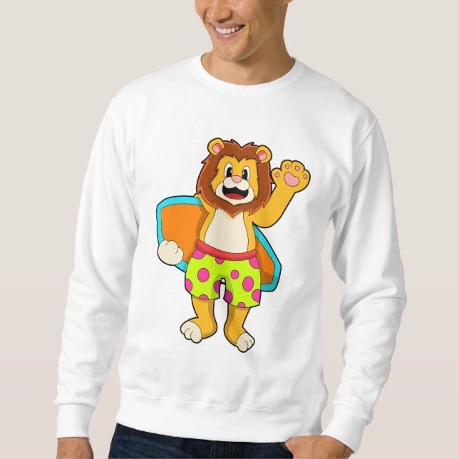 Lejon som Surfer med Surfboard Lång Ärmad Tröja (Framsida)