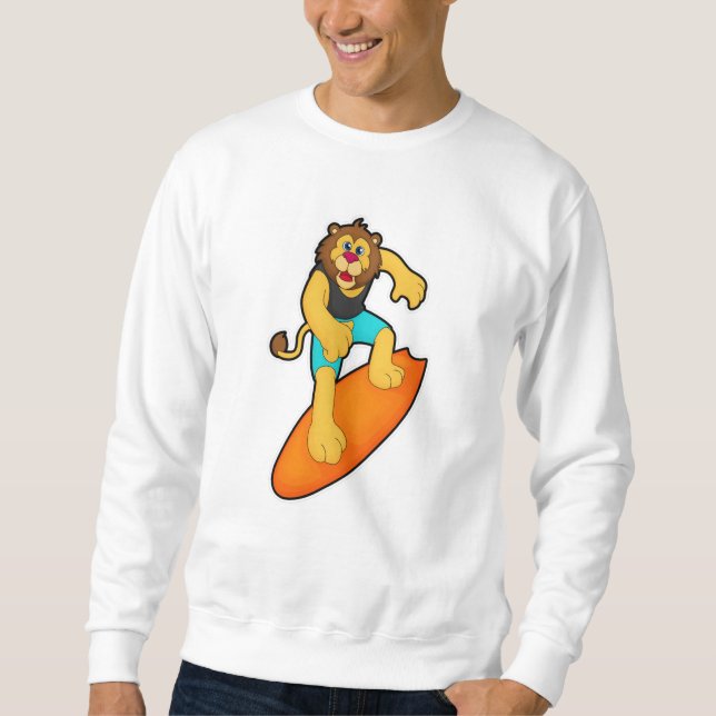 Lejon som Surfer med Surfboard Lång Ärmad Tröja (Framsida)