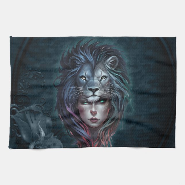 Lejon styrka i hjärta och feminin kökshandduk (Horisontell)