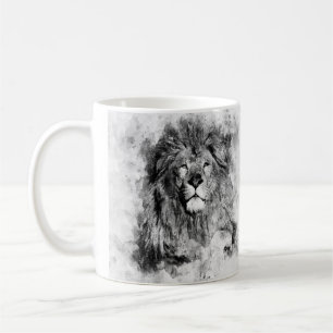 Lejon, svart och vit vattenfärg Porträtt Kaffemugg