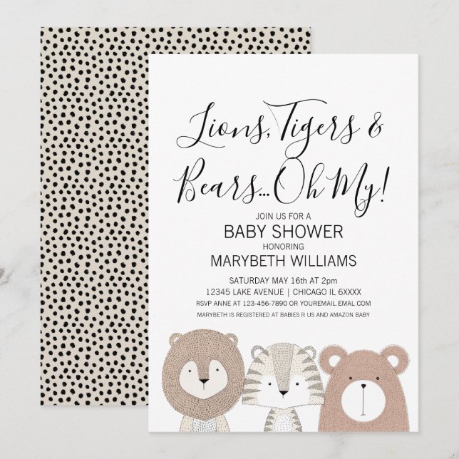 Lejon Tigers & Bears Animal Baby Shower Party Card Inbjudningar (Fram/baksida)