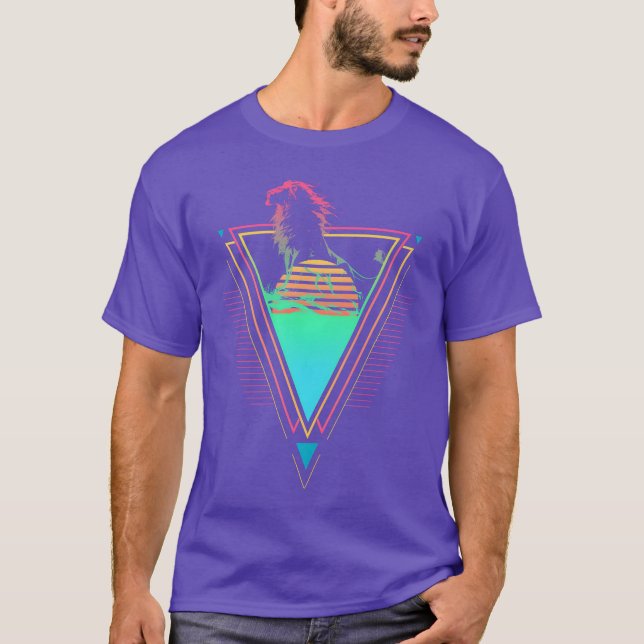 Lejon Vaporwave Synthwave 90-tal 80-tal Solnedgång T Shirt (Framsida)