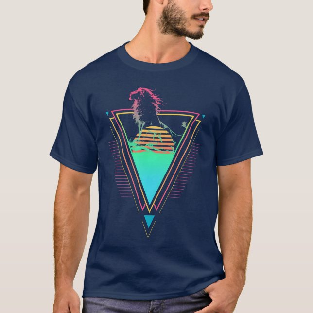 Lejon Vaporwave Synthwave 90-tal 80-tal Solnedgång T Shirt (Framsida)