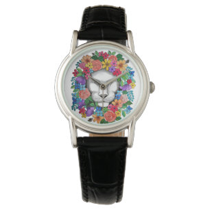 Lejon vattenfärg och regnbågeblommor armbandsur