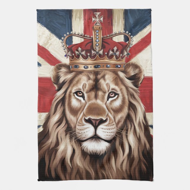 Lejon Wearing a Krona British Flagga Kökshandduk (Vertikal)