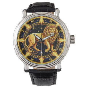 Lejon Zodiakussymbol över himmelsk stjärnig bakgru Armbandsur